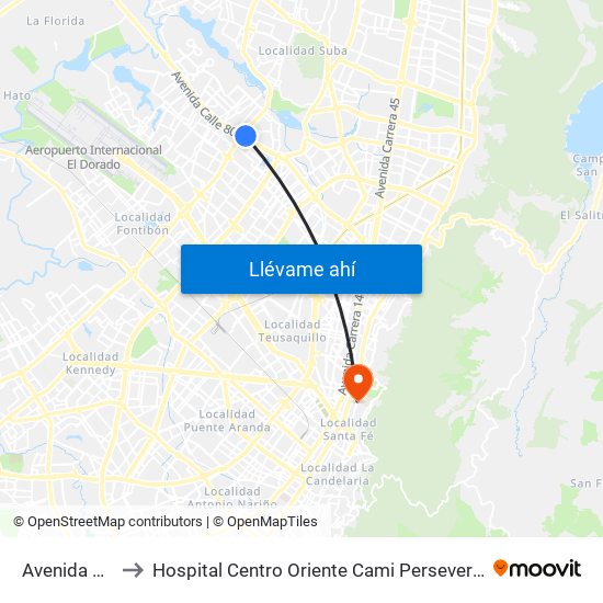 Avenida Cali to Hospital Centro Oriente Cami Perseverancia map