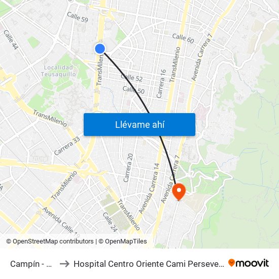 Campín - Uan to Hospital Centro Oriente Cami Perseverancia map