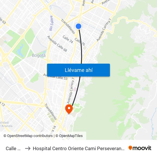 Calle 85 to Hospital Centro Oriente Cami Perseverancia map