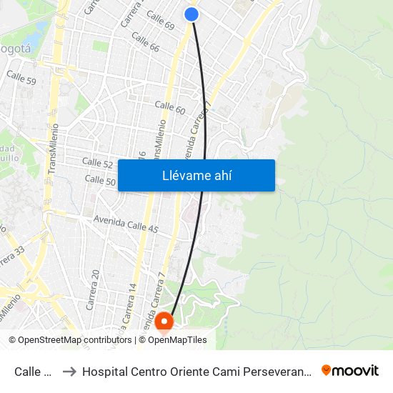 Calle 72 to Hospital Centro Oriente Cami Perseverancia map