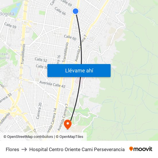 Flores to Hospital Centro Oriente Cami Perseverancia map