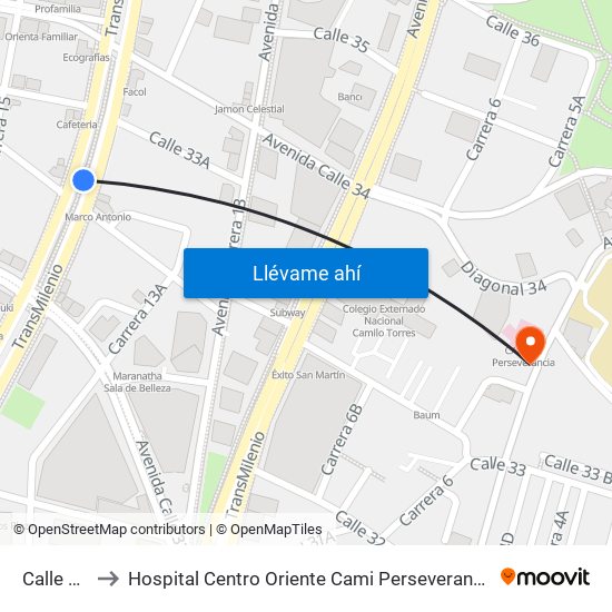Calle 34 to Hospital Centro Oriente Cami Perseverancia map