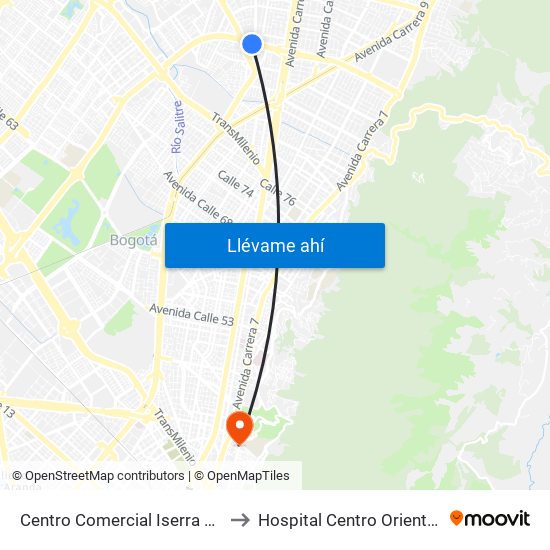 Centro Comercial Iserra 100 (Ac 100 - Kr 54) (B) to Hospital Centro Oriente Cami Perseverancia map