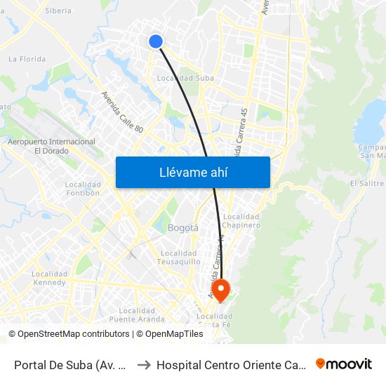 Portal De Suba (Av. Suba - Kr 106) to Hospital Centro Oriente Cami Perseverancia map