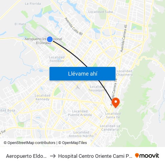 Aeropuerto Eldorado (B) to Hospital Centro Oriente Cami Perseverancia map