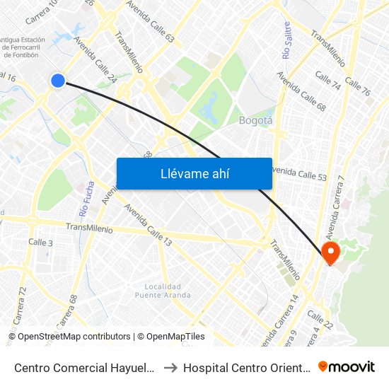 Centro Comercial Hayuelos (Av. C. De Cali - Cl 20) to Hospital Centro Oriente Cami Perseverancia map