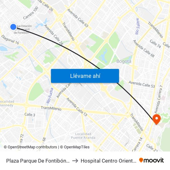Plaza Parque De Fontibón Kr 100 (Kr 100 - Cl 17a) to Hospital Centro Oriente Cami Perseverancia map