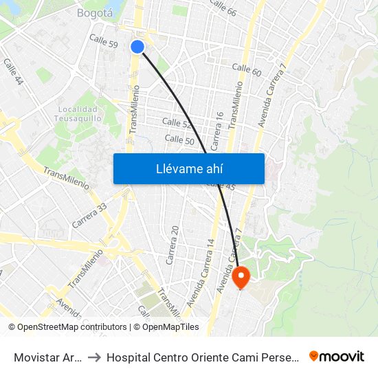 Movistar Arena to Hospital Centro Oriente Cami Perseverancia map