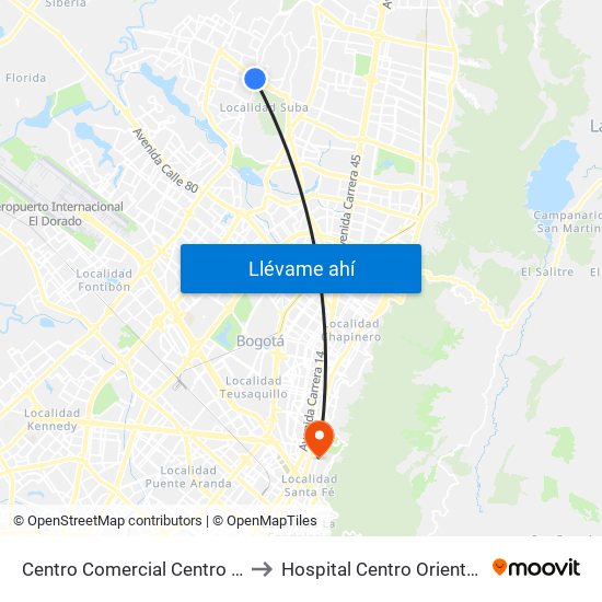 Centro Comercial Centro Suba (Av. Suba - Kr 91) to Hospital Centro Oriente Cami Perseverancia map