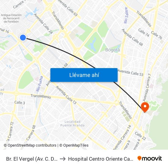 Br. El Vergel (Av. C. De Cali - Cl 18) to Hospital Centro Oriente Cami Perseverancia map