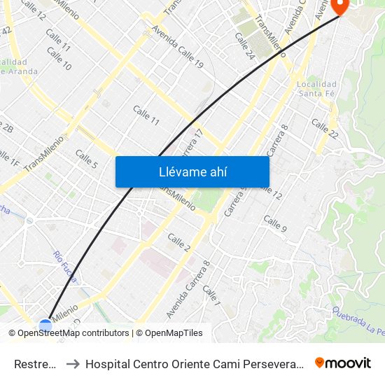 Restrepo to Hospital Centro Oriente Cami Perseverancia map