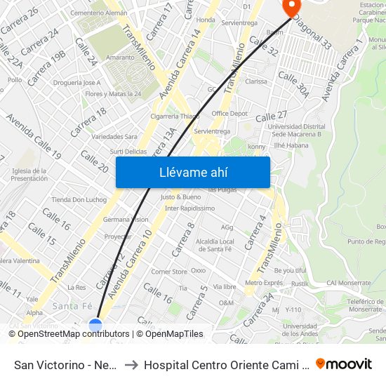San Victorino - Neos Centro to Hospital Centro Oriente Cami Perseverancia map