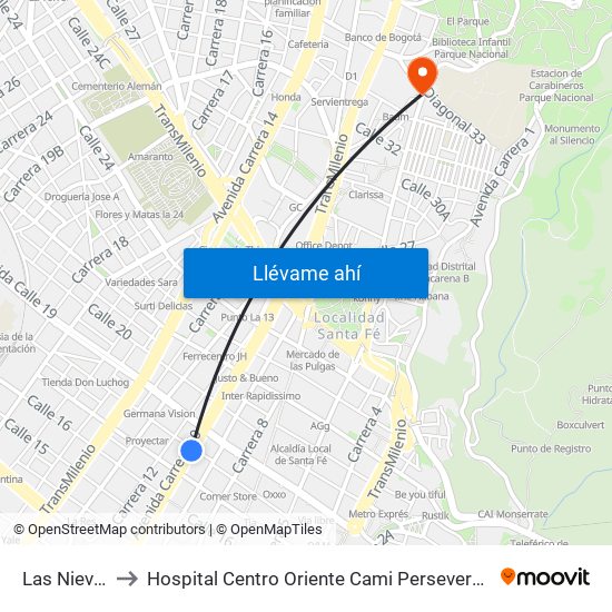 Las Nieves to Hospital Centro Oriente Cami Perseverancia map