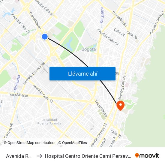 Avenida Rojas to Hospital Centro Oriente Cami Perseverancia map