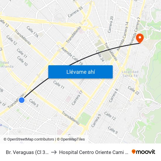 Br. Veraguas (Cl 3 - Kr 29a) to Hospital Centro Oriente Cami Perseverancia map