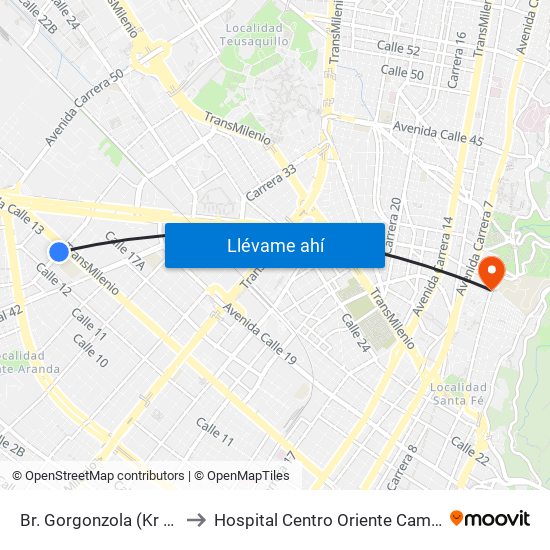 Br. Gorgonzola (Kr 43 - Cl 12b) to Hospital Centro Oriente Cami Perseverancia map