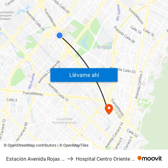 Estación Avenida Rojas (Ac 26 - Kr 69d Bis) (B) to Hospital Centro Oriente Cami Samper Mendoza map