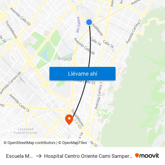 Escuela Militar to Hospital Centro Oriente Cami Samper Mendoza map