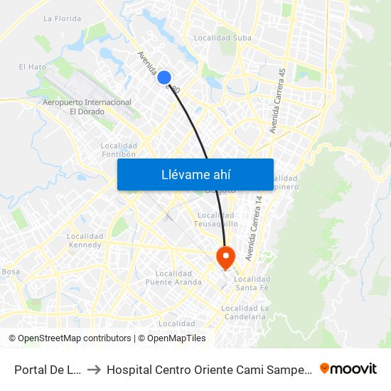 Portal De La 80 to Hospital Centro Oriente Cami Samper Mendoza map