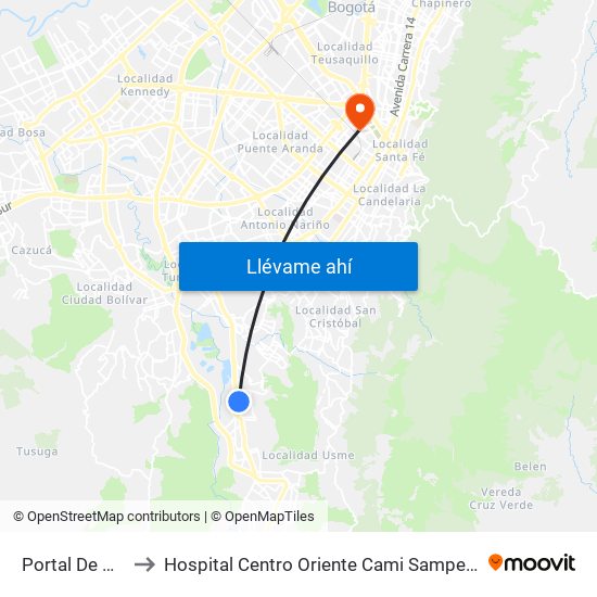 Portal De Usme to Hospital Centro Oriente Cami Samper Mendoza map