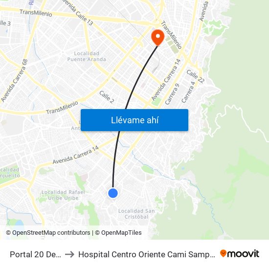 Portal 20 De Julio to Hospital Centro Oriente Cami Samper Mendoza map