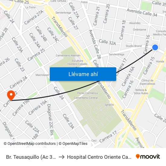 Br. Teusaquillo (Ac 32 - Av. Caracas) to Hospital Centro Oriente Cami Samper Mendoza map