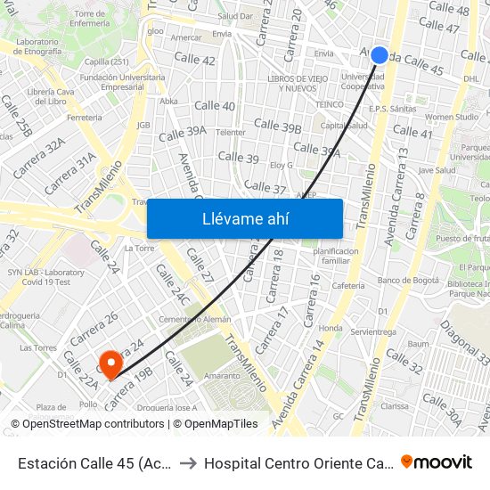 Estación Calle 45 (Ac 45 - Av. Caracas) to Hospital Centro Oriente Cami Samper Mendoza map
