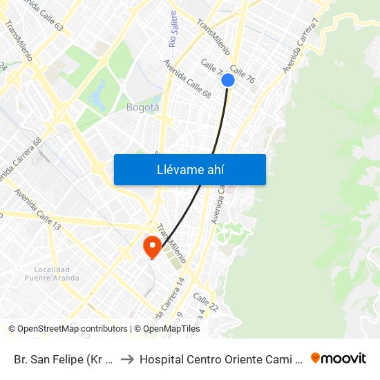 Br. San Felipe (Kr 20a - Cl 74) to Hospital Centro Oriente Cami Samper Mendoza map