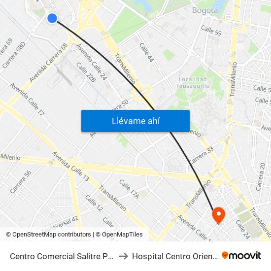 Centro Comercial Salitre Plaza (Av. La Esperanza - Kr 68b) to Hospital Centro Oriente Cami Samper Mendoza map