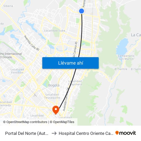 Portal Del Norte (Auto Norte - Cl 174a) to Hospital Centro Oriente Cami Samper Mendoza map