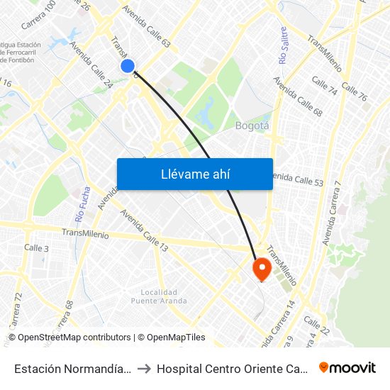 Estación Normandía (Ac 26 - Kr 74) to Hospital Centro Oriente Cami Samper Mendoza map