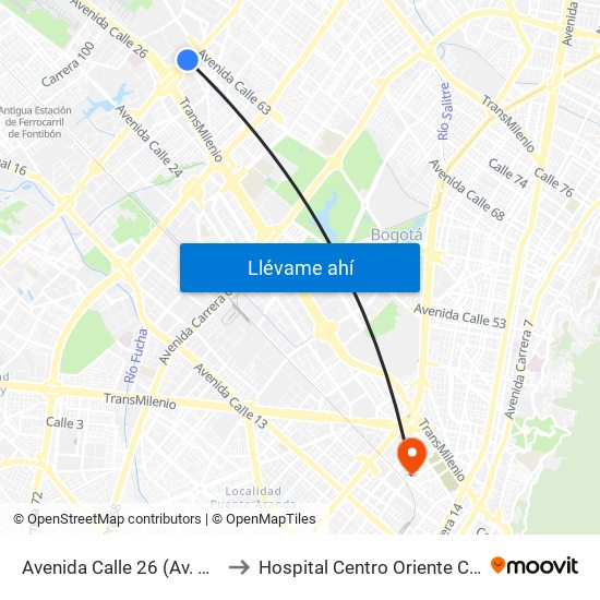Avenida Calle 26 (Av. C. De Cali - Cl 51) (A) to Hospital Centro Oriente Cami Samper Mendoza map