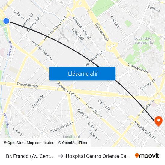 Br. Franco (Av. Centenario - Kr 69b) to Hospital Centro Oriente Cami Samper Mendoza map