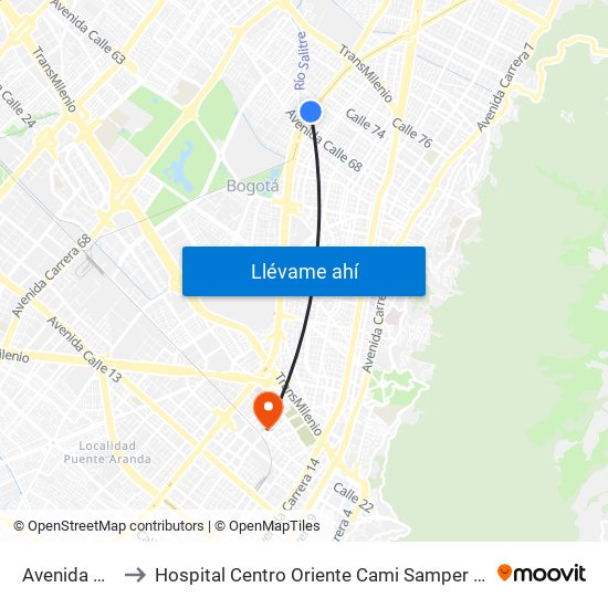 Avenida Chile to Hospital Centro Oriente Cami Samper Mendoza map