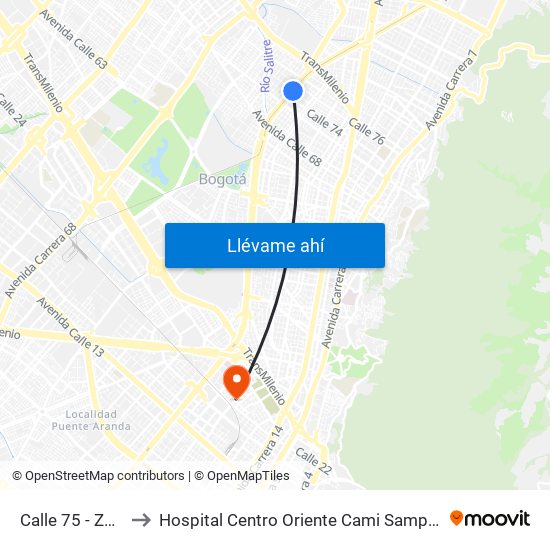 Calle 75 - Zona M to Hospital Centro Oriente Cami Samper Mendoza map