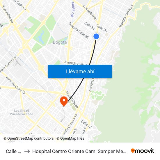 Calle 72 to Hospital Centro Oriente Cami Samper Mendoza map