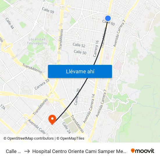 Calle 63 to Hospital Centro Oriente Cami Samper Mendoza map