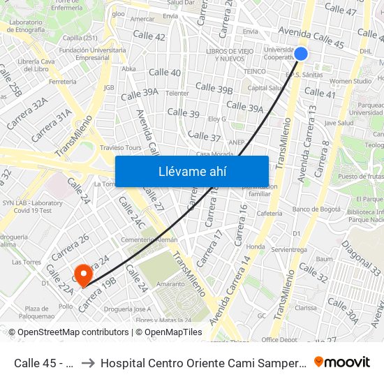 Calle 45 - Asw to Hospital Centro Oriente Cami Samper Mendoza map