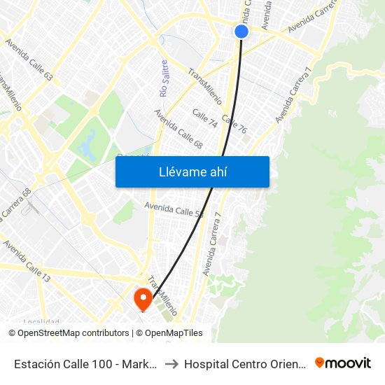 Estación Calle 100 - Marketmedios (Auto Norte - Cl 98) to Hospital Centro Oriente Cami Samper Mendoza map