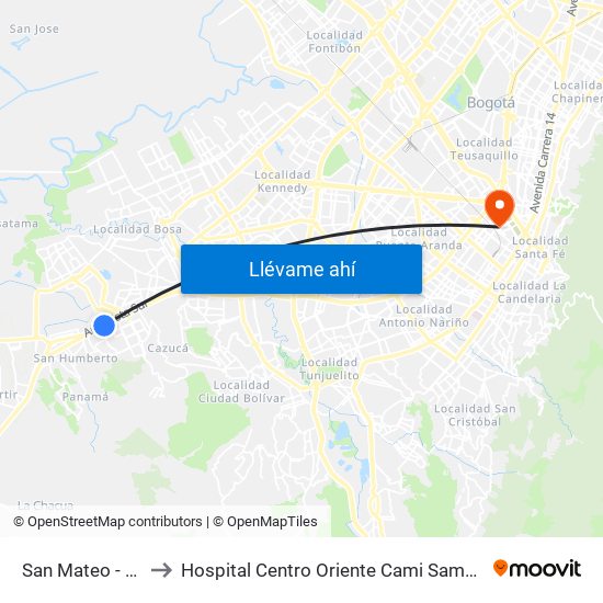 San Mateo - Unisur to Hospital Centro Oriente Cami Samper Mendoza map