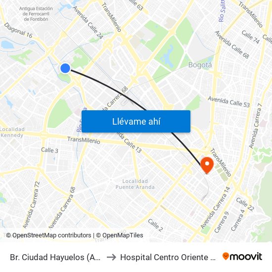 Br. Ciudad Hayuelos (Av. Centenario - Kr 78g) to Hospital Centro Oriente Cami Samper Mendoza map