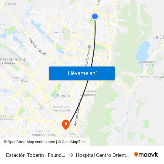 Estación Toberín - Foundever (Auto Norte - Cl 166) to Hospital Centro Oriente Cami Samper Mendoza map