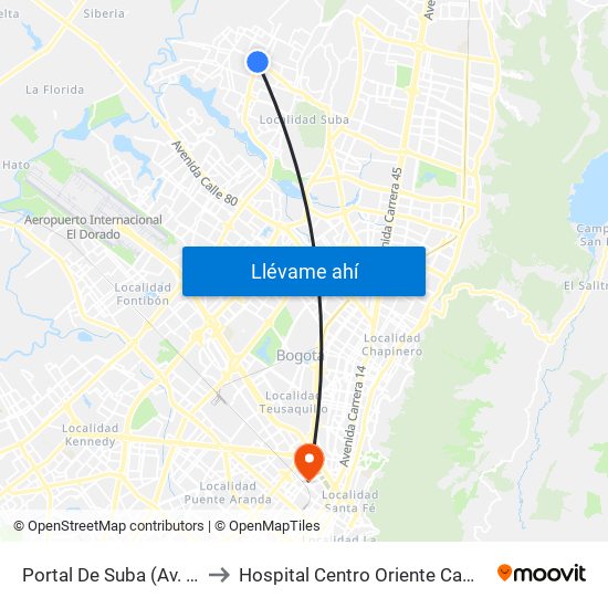 Portal De Suba (Av. Suba - Kr 106) to Hospital Centro Oriente Cami Samper Mendoza map