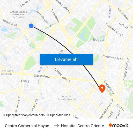 Centro Comercial Hayuelos (Av. C. De Cali - Cl 20) to Hospital Centro Oriente Cami Samper Mendoza map