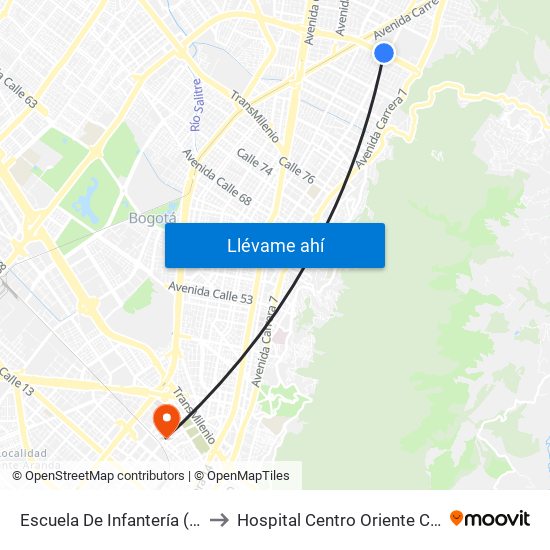 Escuela De Infantería (Ac 100 - Kr 11a) (B) to Hospital Centro Oriente Cami Samper Mendoza map