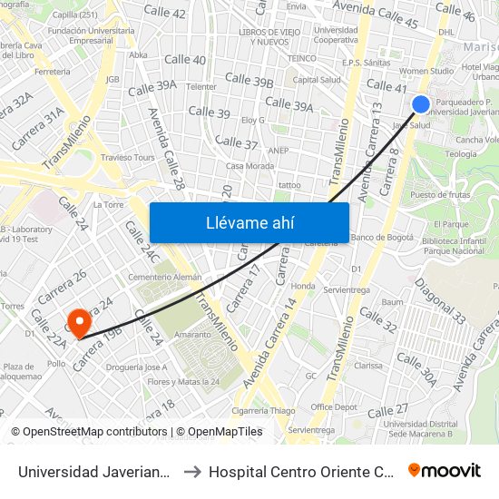 Universidad Javeriana (Ak 7 - Cl 40) (B) to Hospital Centro Oriente Cami Samper Mendoza map