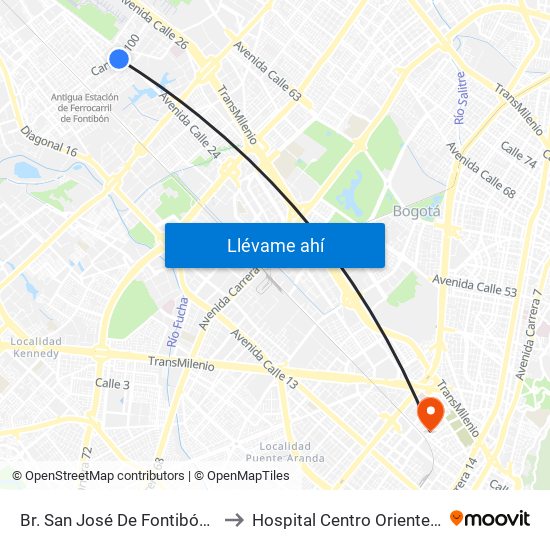 Br. San José De Fontibón (Kr 100 - Av. Esperanza) to Hospital Centro Oriente Cami Samper Mendoza map