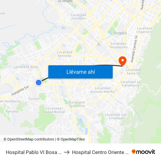 Hospital Pablo VI Bosa (Cl 63 Sur - Kr 77g) (A) to Hospital Centro Oriente Cami Samper Mendoza map