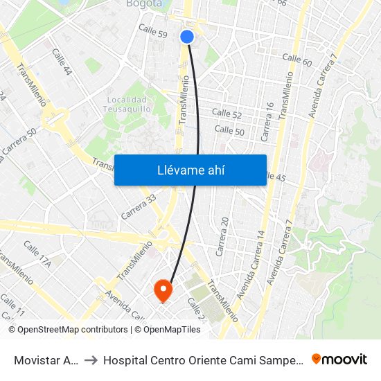 Movistar Arena to Hospital Centro Oriente Cami Samper Mendoza map