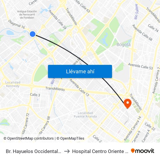 Br. Hayuelos Occidental (Av. Centenario - Kr 87) to Hospital Centro Oriente Cami Samper Mendoza map